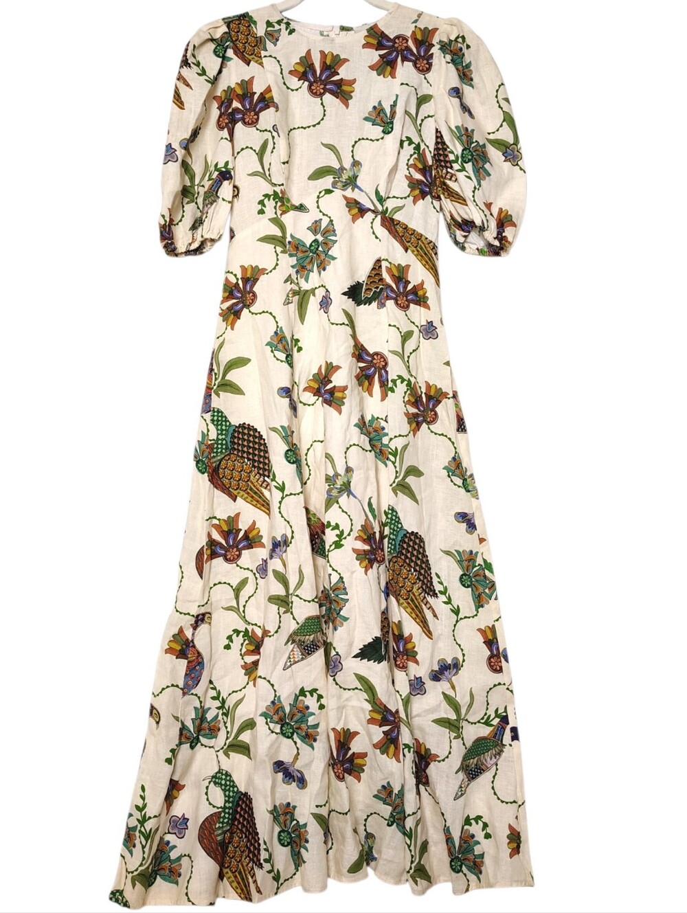 Alemais Birdie Printed Puff Sleeve Linen Midi Dress